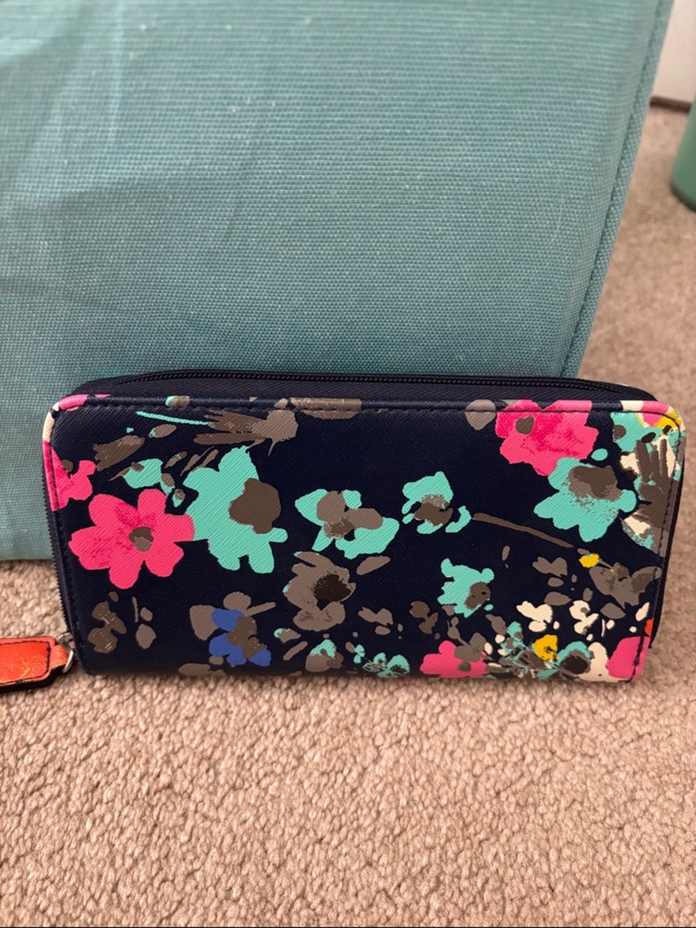 Merona Navy Floral Zip Wallet in Pink, Teal, Brown